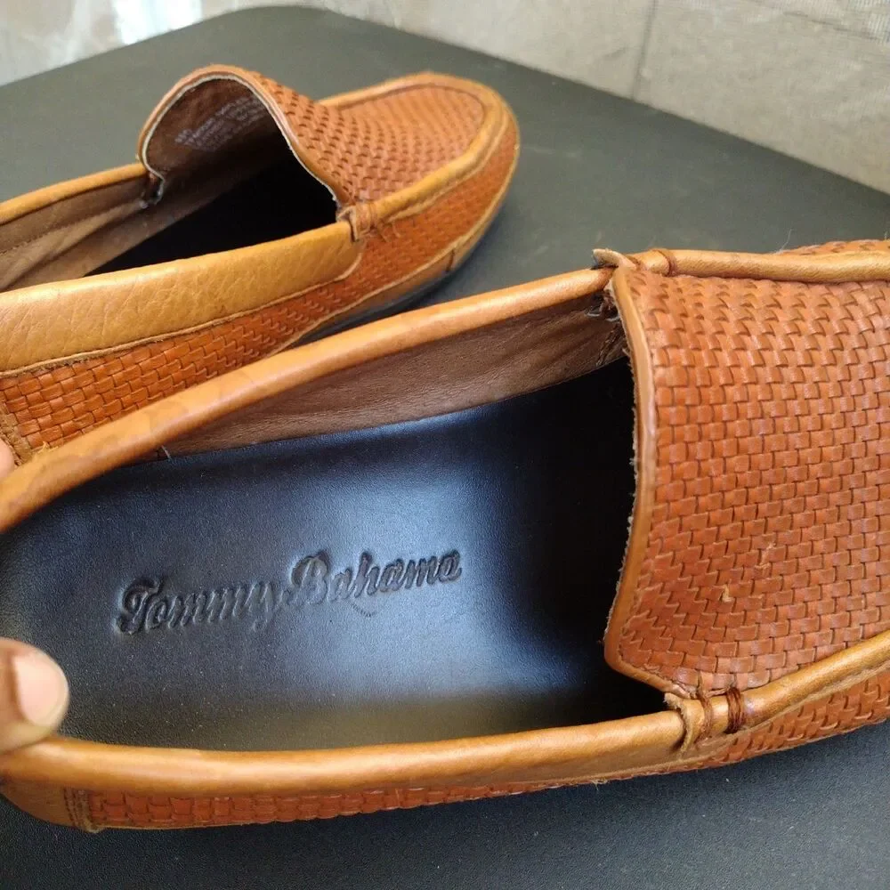 Tommy Bahama Naples Driver All Over Woven Men's Brown Leather Loafers Sz 9.5 D